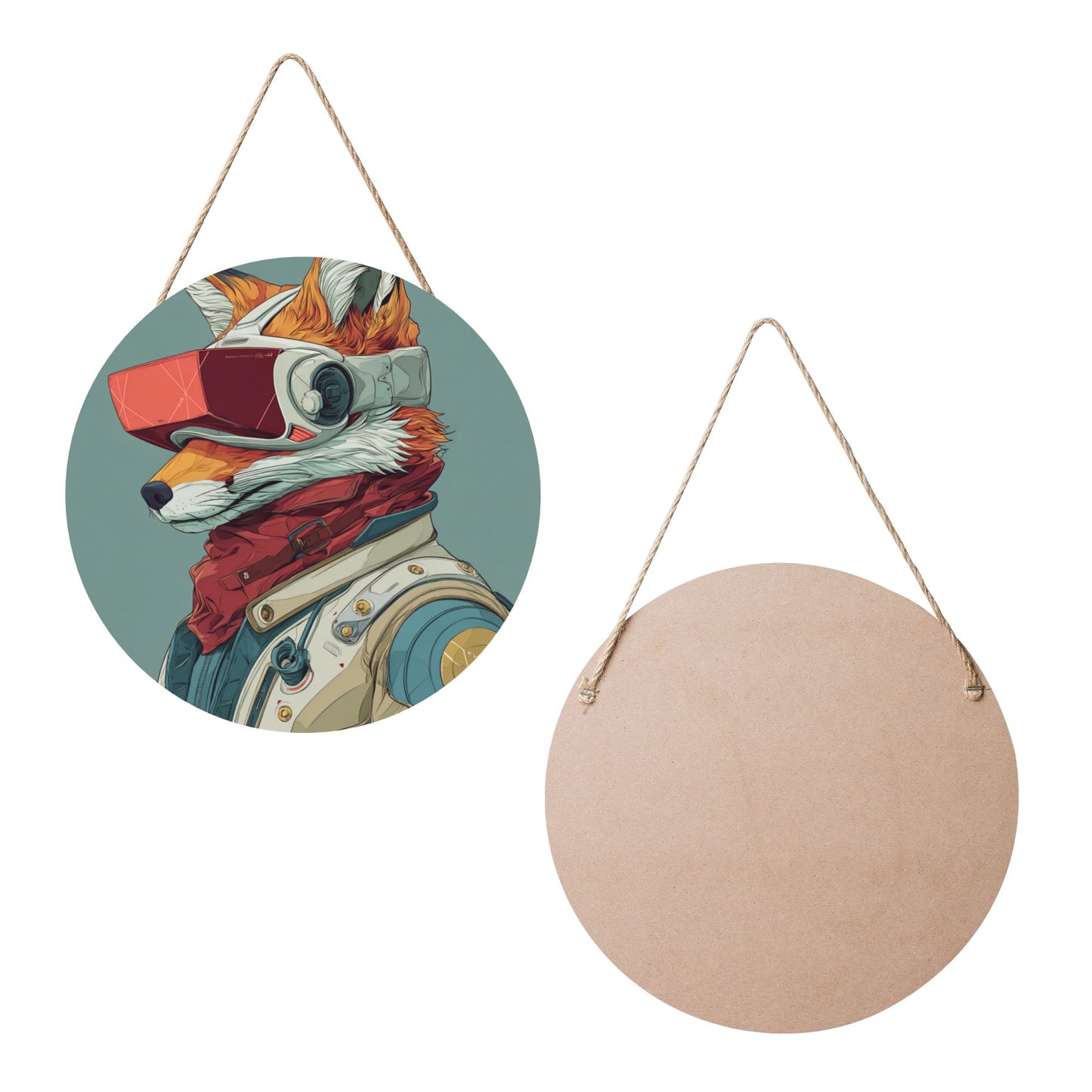 Round Wooden Wall Art – Sci-Fi Fox Illustration, 12in/30cm Waterproof Thick Wood Hanging Décor