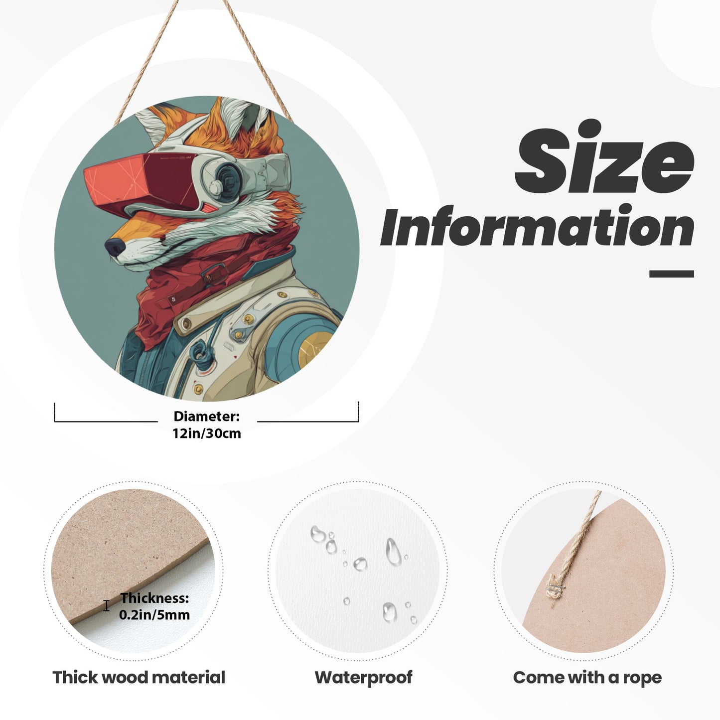 Round Wooden Wall Art – Sci-Fi Fox Illustration, 12in/30cm Waterproof Thick Wood Hanging Décor
