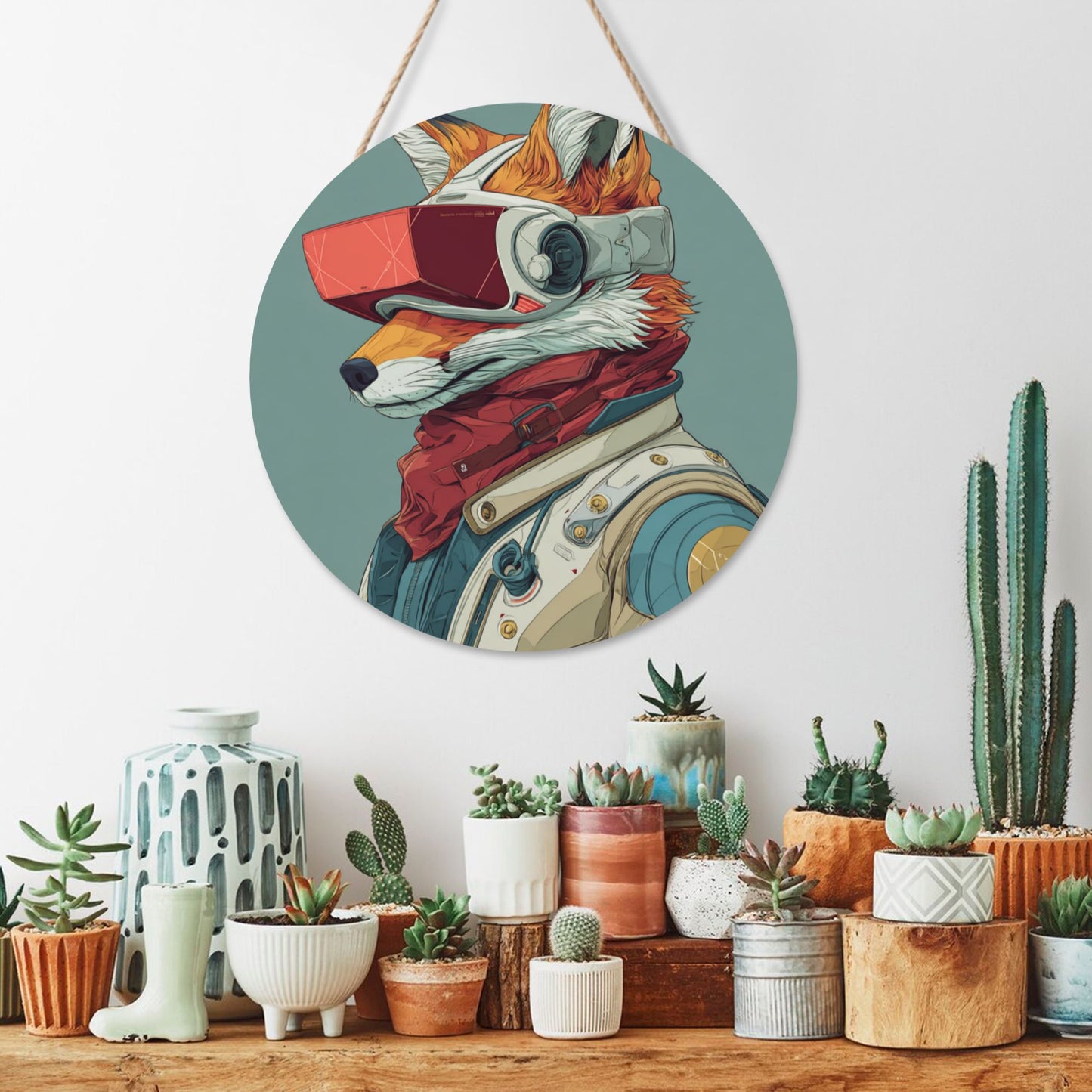 Round Wooden Wall Art – Sci-Fi Fox Illustration, 12in/30cm Waterproof Thick Wood Hanging Décor