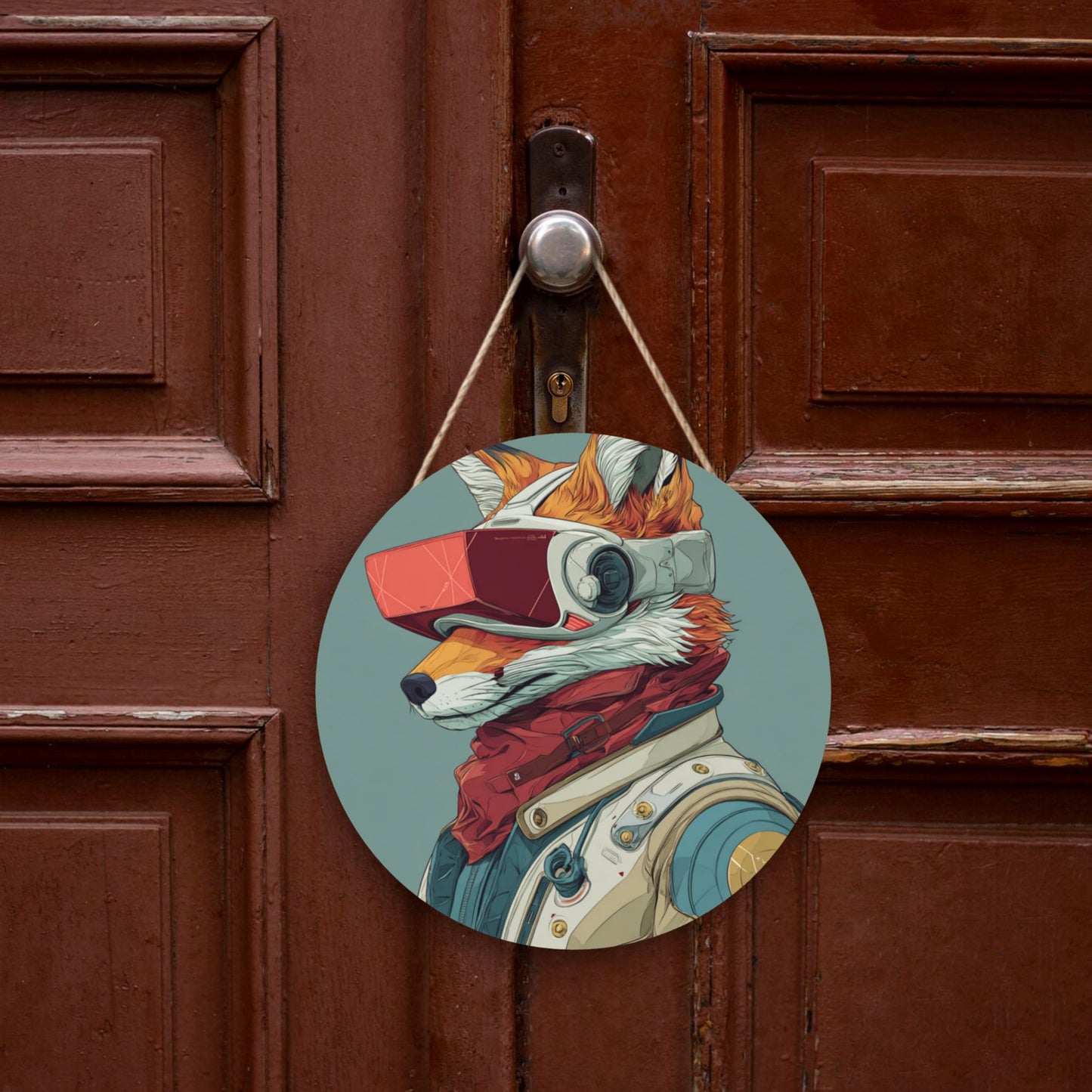 Round Wooden Wall Art – Sci-Fi Fox Illustration, 12in/30cm Waterproof Thick Wood Hanging Décor
